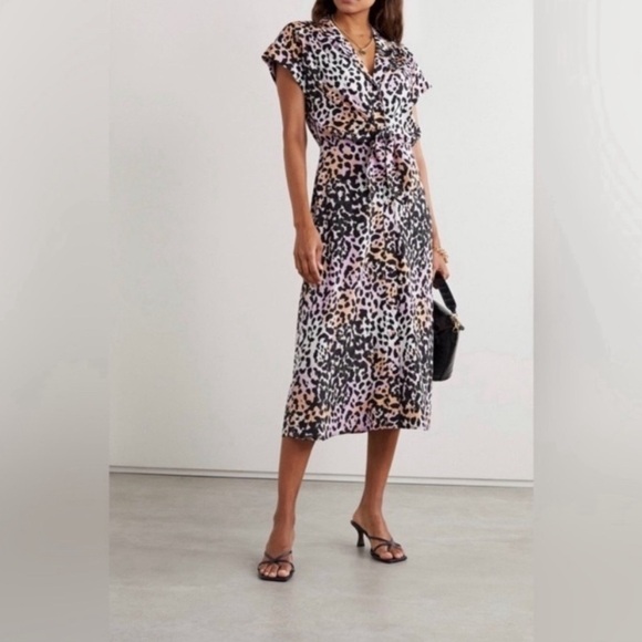 Veronica Beard Amani Watercolor Leopard short sleeve silk blend midi Dress XS/2 - Picture 2 of 12